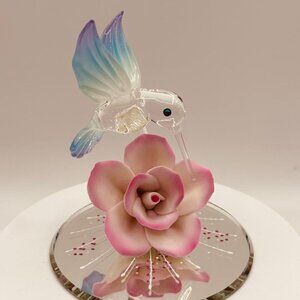 Hummingbird on Pink Rose Glass Figurine Mirror Base Decor Gift